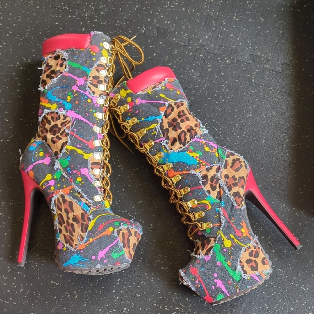 Alba Vibrant Leopard Heeled Boots. Stilettos. Halloween Shoes.